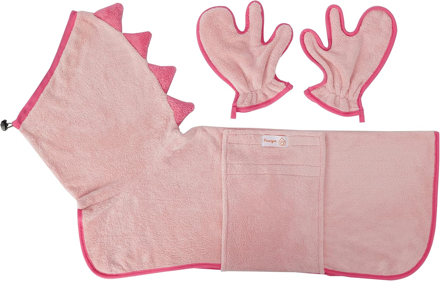 Pawyee Super Soft Fast-Drying Dog Towel Set for Cold Weather, Beach, Pool - Adjustable Microfiber Bath Robe with Drying Gloves for Cats and Dogs (Large, Pink Dino) image number 6