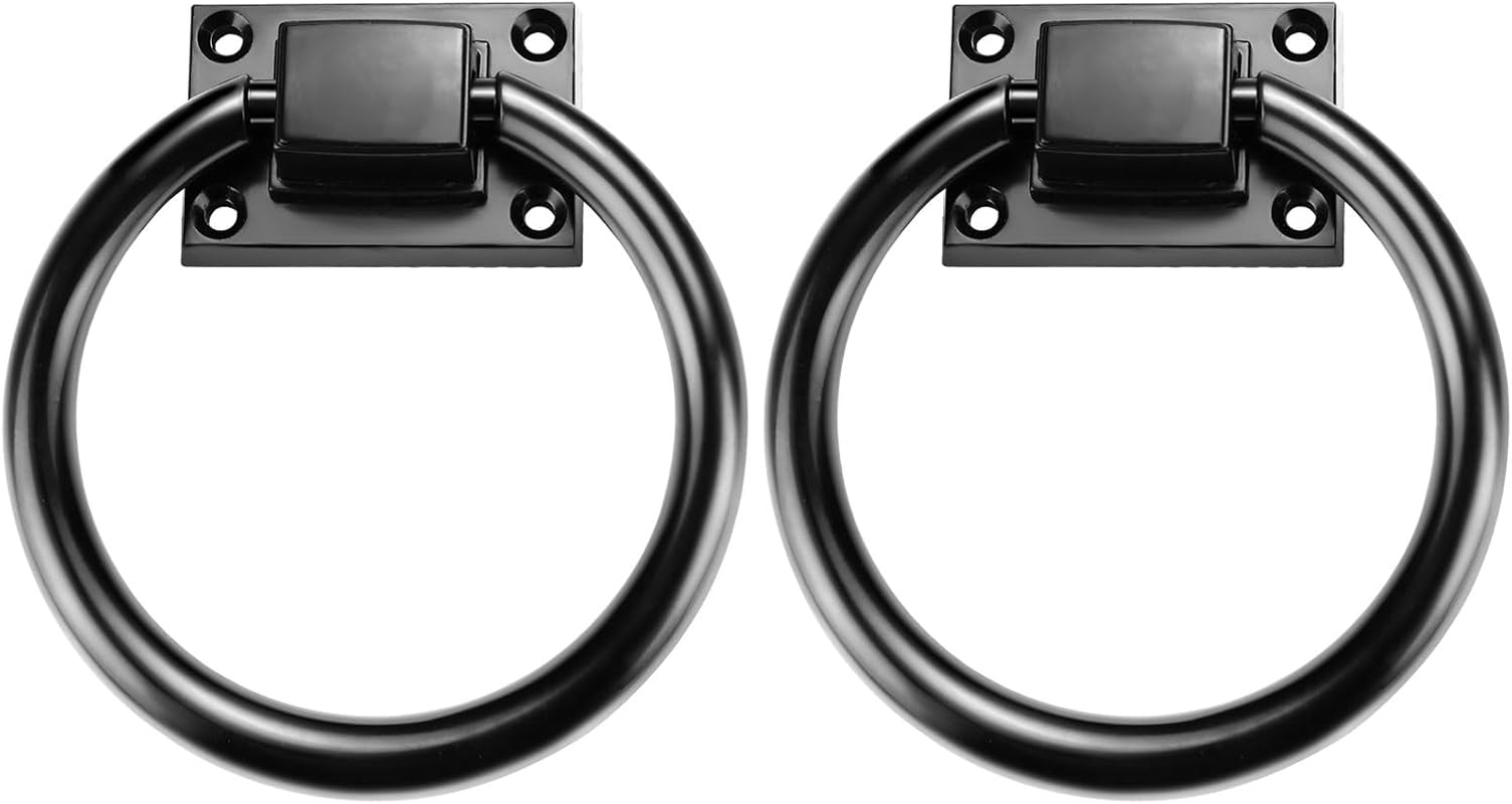 2 Packs 3.8" Black round Ring Door Pull Handle with 8 Screws, Zinc Alloy Sliding Barn Door Handles, Outdoor Garage Gate Handle for Vintage Wooden Sheds Farmhouse Garden Hallway Closets Drawers (2Pcs)