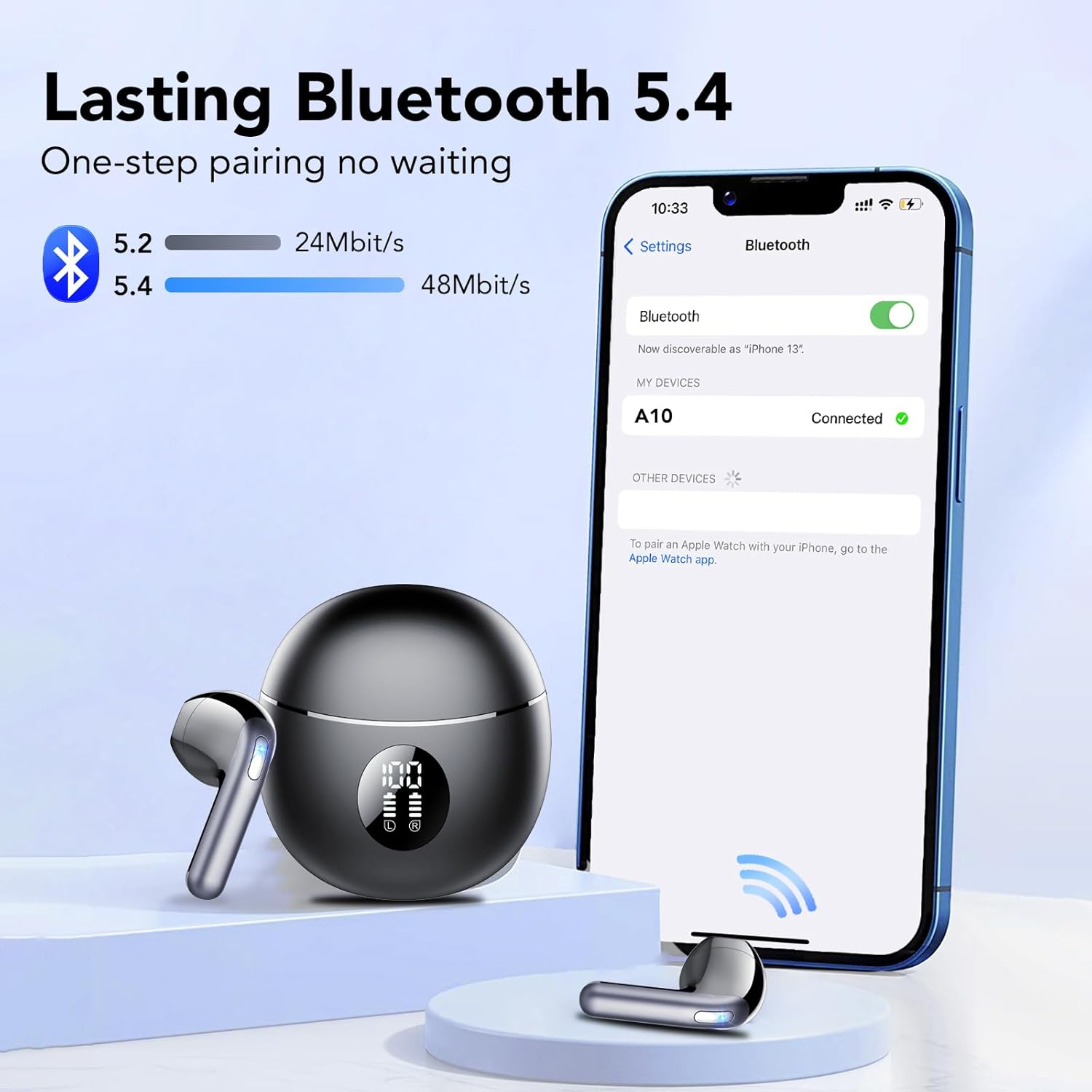 Wireless Earbuds, Bluetooth 5.4 Headphones with 4 ENC Noise Cancelling Mic, Deep Bass, IP7 Waterproof, 50H Playtime, LED Display, in Ear Earphones for Phone, Tablet, Laptop, Sports, Dazzling Black image number 2