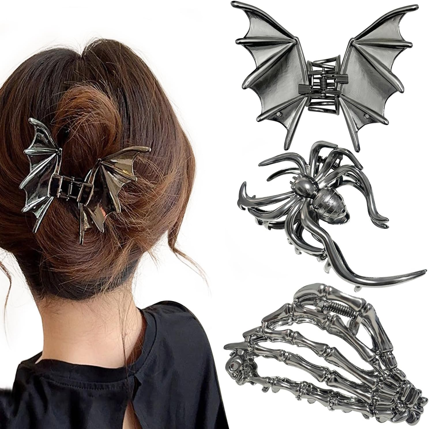 Pack of 3 Metal Hair Clips, Spider Hair Clips, Skull Claw Hair Clip, Non-Slip Claw Clip, Gothic Hair Clips, for Women, Girls, Halloween Hair Styling Accessories (A) image number 6