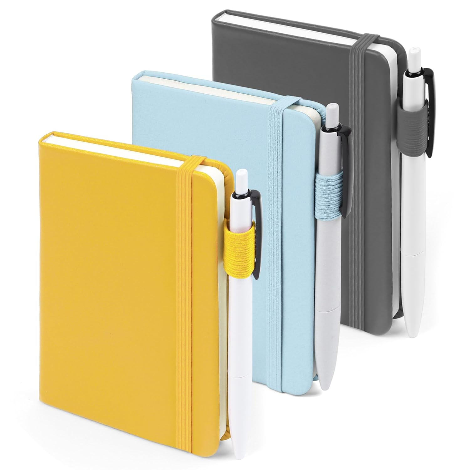 Feela Pocket Notebook Journals, Mini Cute Small Hardcover College Ruled Notepad Office School Supplies, with 3 Black Pens, 3.5&rdquo;X 5.5&rdquo;, 3 Pack, A6, Solid Colors, Gray, Yellow, Light Blue image number 2