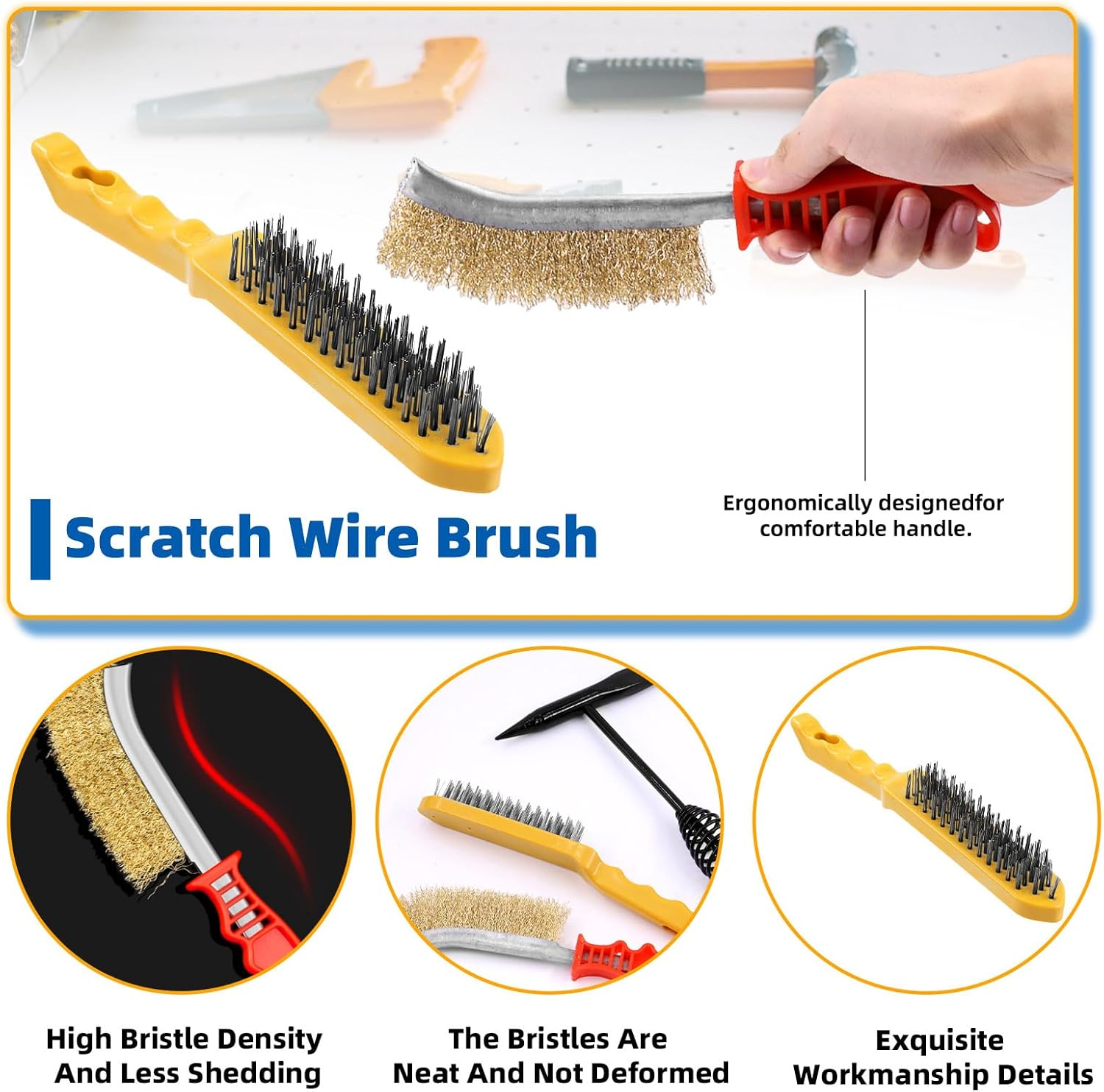 Glarks 3Pcs 500G Welding Chipping Hammer with Steel Wire Brush and Wire Scratch Brush Kit, Welding Hammer Slag Removal Tool with Coil Spring Handle, Cone and Vertical Chisel for Removing Slag image number 3