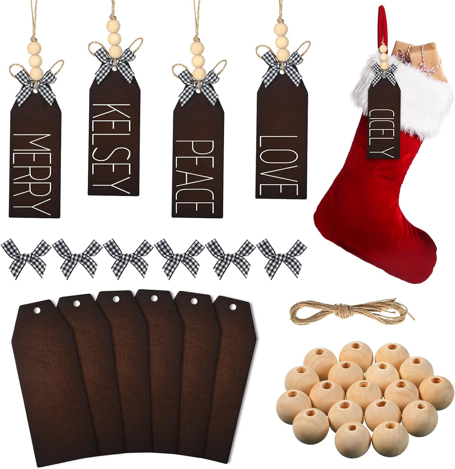 18 Pieces Christmas Wood Stocking Name Tags DIY Stocking Signs Personalized Farmhouse Stockings Name Tag with Buffalo Check Bows for Christmas Closet Xmas Hanging Decoration(Dark Color)