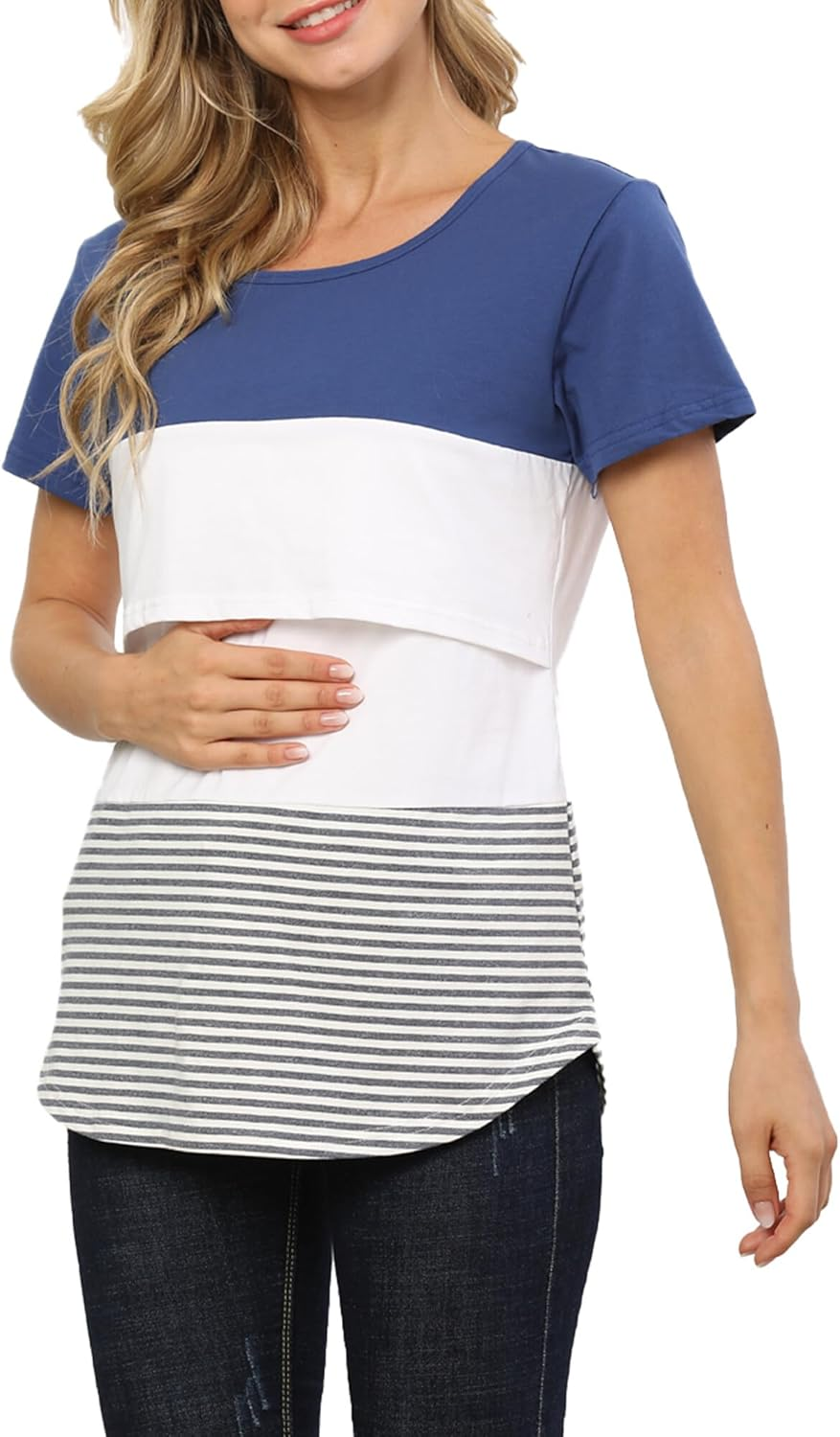 KEOYA Women'S Maternity Nursing Tops Double Layer Shirt for Breastfeeding Color Block Tee Shirt