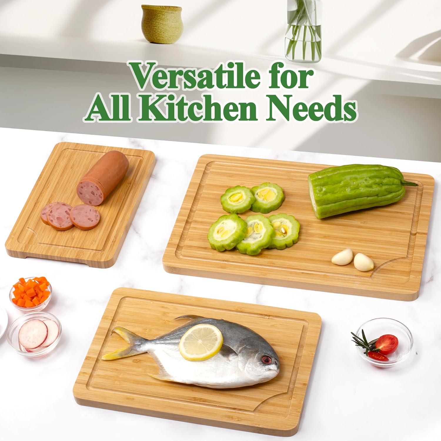 TJ POP Bamboo Chopping Board 3-Piece, Cutting Board Set with Juice Groove, Wooden Chopping Boards with Stand, Perfect for Kitchen Meal Prep & Serving image number 2