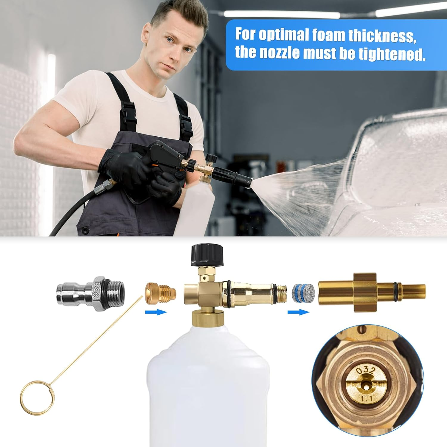 0.04In Foam Cannon Orifice Nozzle Tips, 3000 PSI Foam Cannon Nozzle Replacement Universal Thread Foam Cannon Nozzle with 3 Foam Maker Mesh Cleaning Needle and 2 Cotton Pads for Snow Foam Lance Parts image number 3