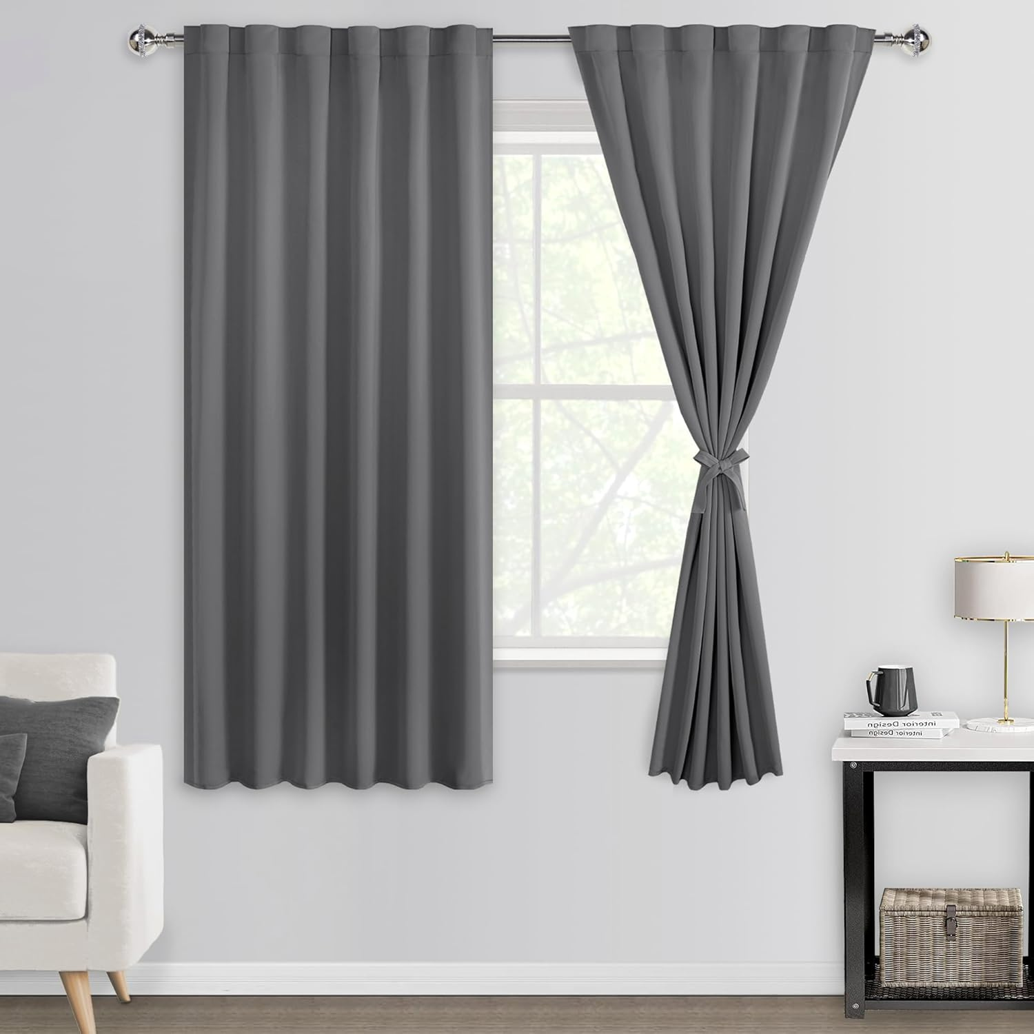 DWCN Blackout Curtains Back Tab and Rod Pocket Sewn with Tiebacks - Thermal Curtains Insulated Room Darkening for Bedroom,Each W132 Cm X D214Cm, Set of 2 Panels,Black