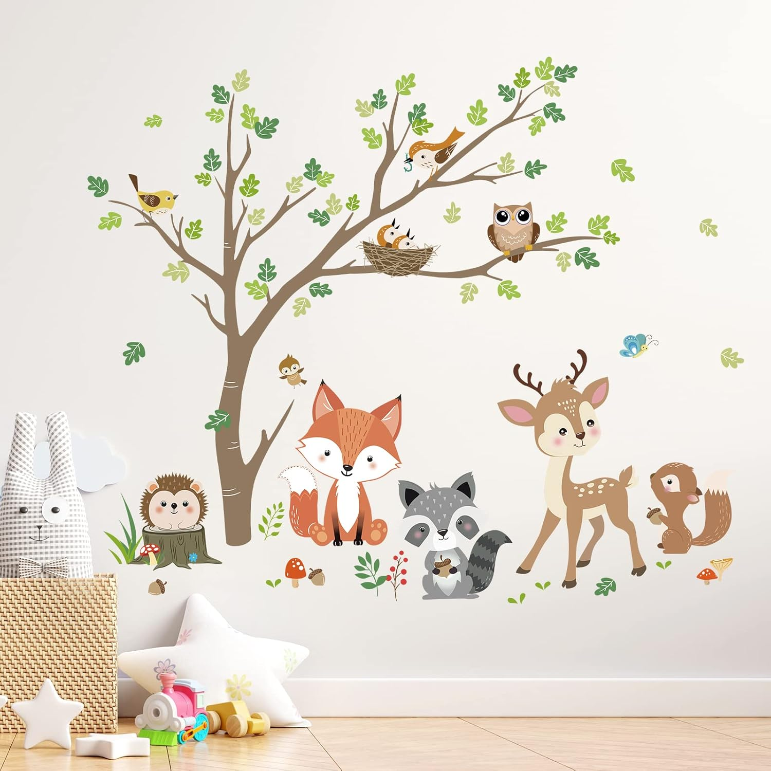 Decalmile Woodland Animals Tree Wall Stickers Fox Deer Owl Wall Decals Baby Nursery Kids Bedroom Living Room Wall Decor,Dm0936B image number 2