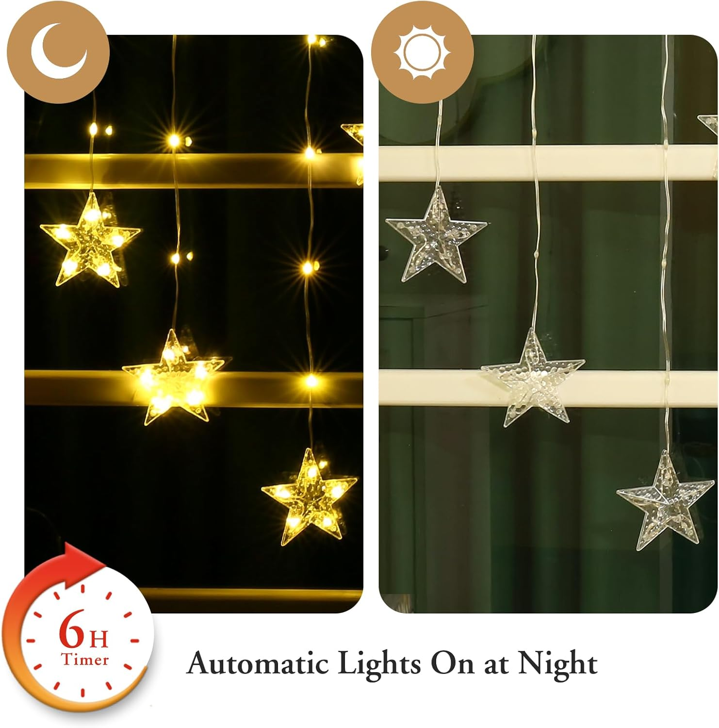 Quntis Christmas Window Lights, Color Changing 76 Leds 9 Stars Battery Operated Xmas Curtain Lights with Timer and 8 Modes, Fairy String Lights with Suction Cup Hook for Bedroom (Battery Not Included)