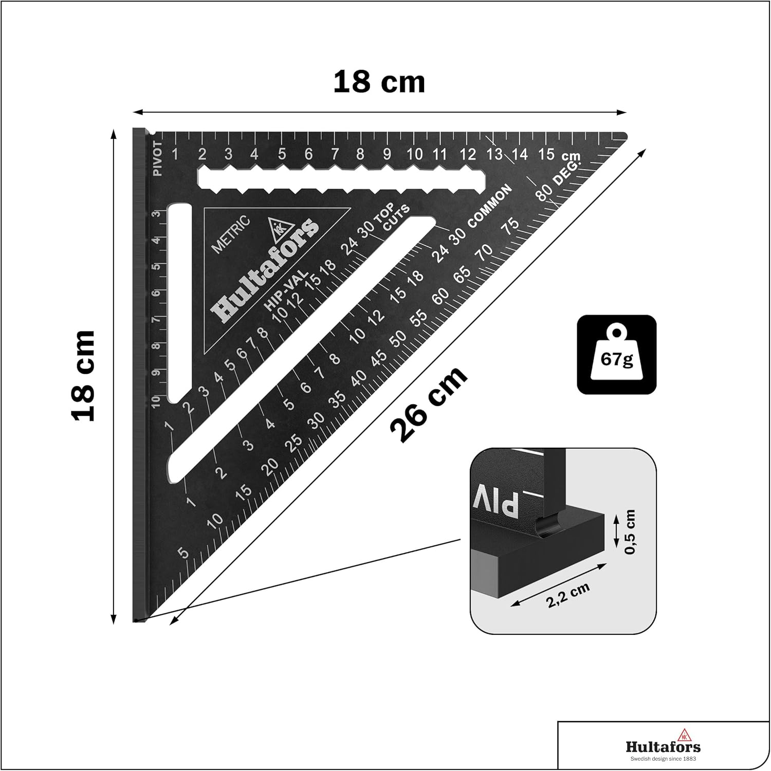 5-In-1 Stop Triangle 180 Mm I Hultafors I Carpenter'S Square CNC Milled Aluminium I Carpenter'S Square for Marking, Measuring & Drawing I Includes Conversion Chart I 257010 image number 6