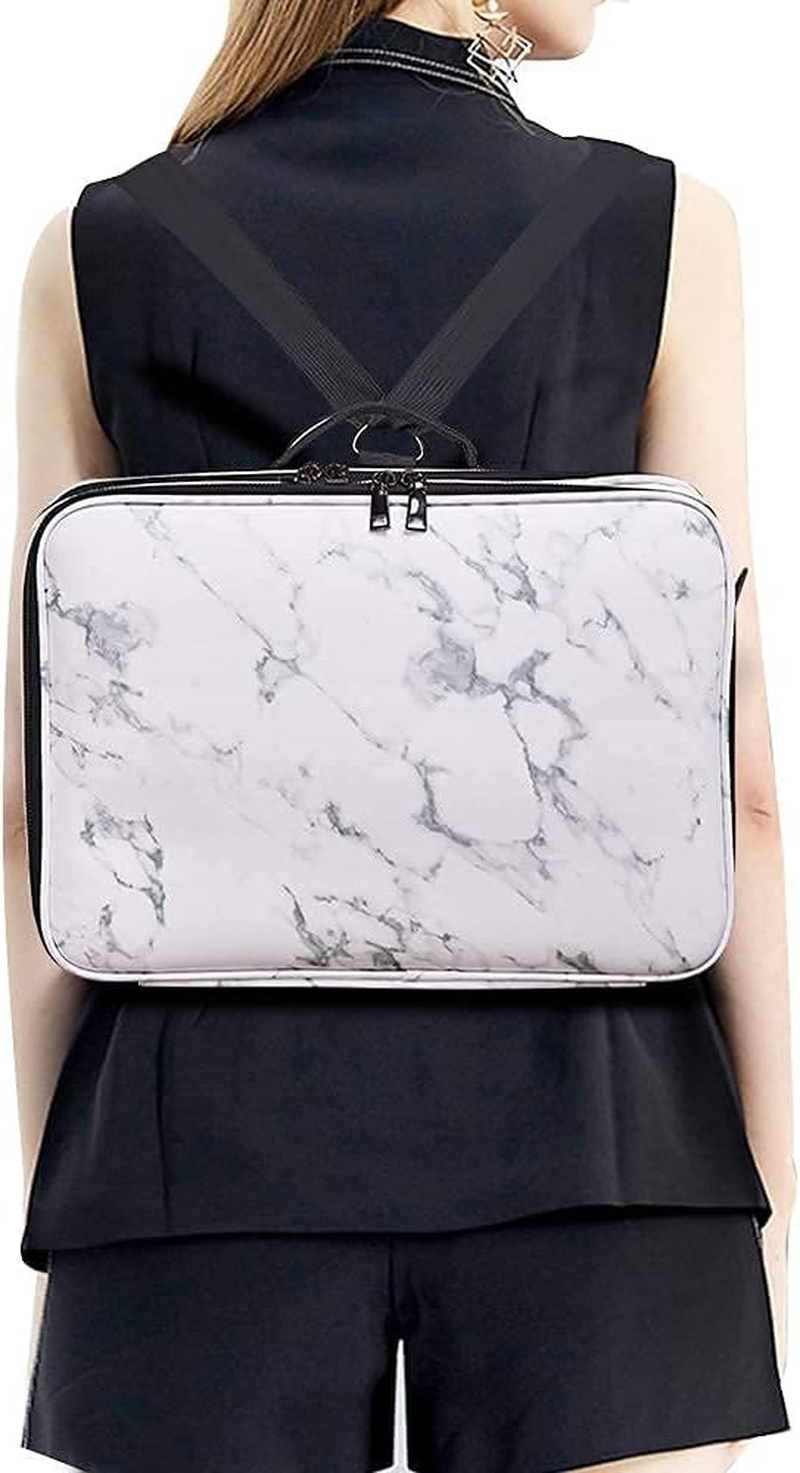 Makeup Case Travel - Large Makeup Bag 16" Professional Makeup Train Case with Adjustable Strap, Leather Makeup Artist Box for Hair Curler Hair Straightener Brush Set and Cosmetic, White Marble,