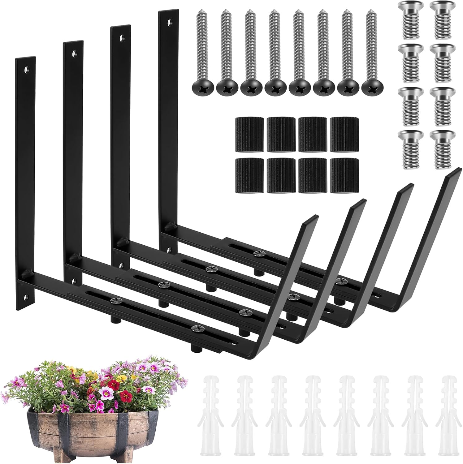 4 Pack Flower Window Box Brackets , Adjustable Wall Mount Planter Box Bracket , Heavy Duty Iron Flower Box Holder，For Railings Deck Windowsills Gardens Fences and Balconies image number 1