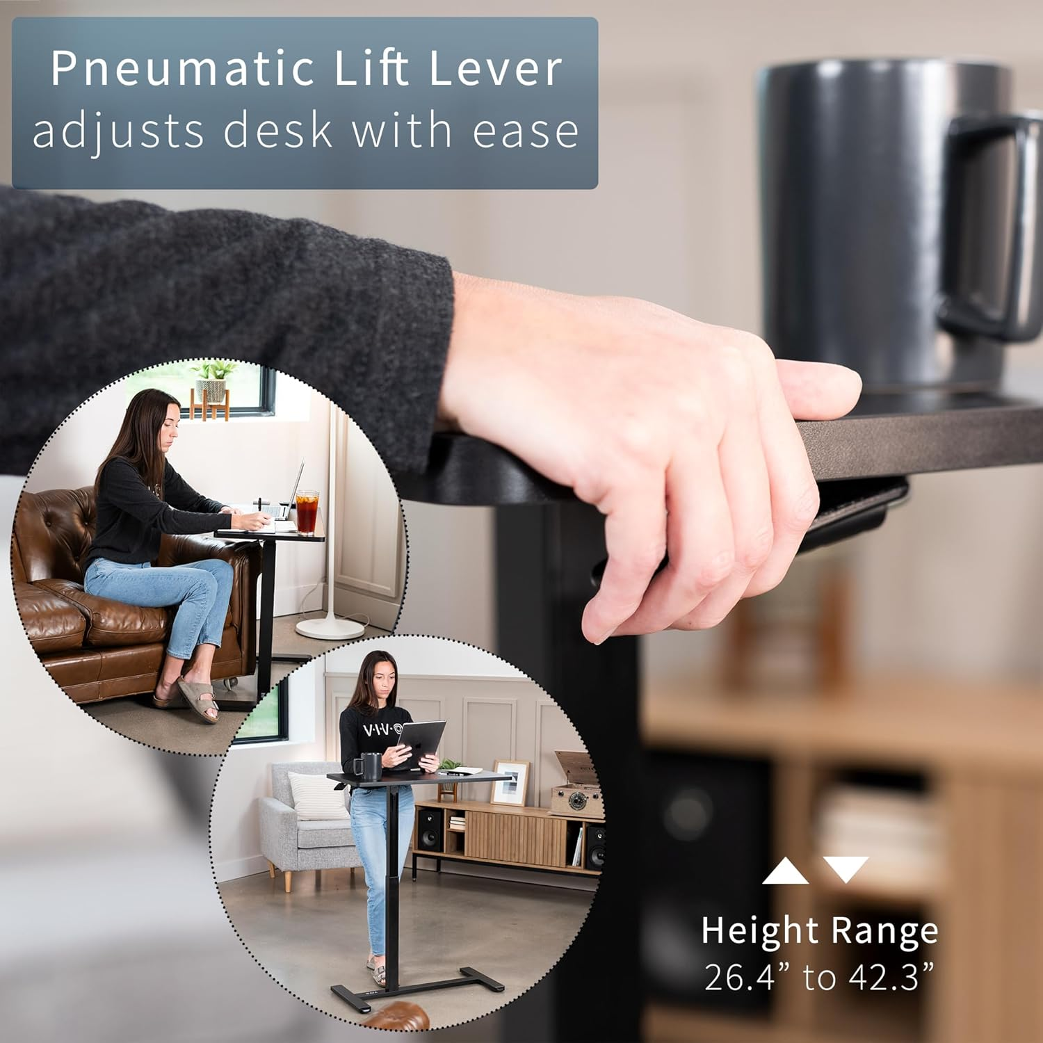 VIVO Pneumatic 32 X 16 Inch over Sofa Laptop Table, Mobile Desktop with Hidden Casters, Bedside Cart, Laptop Desk, Medical Sliding Bed Table, Black, CART-V02L image number 3