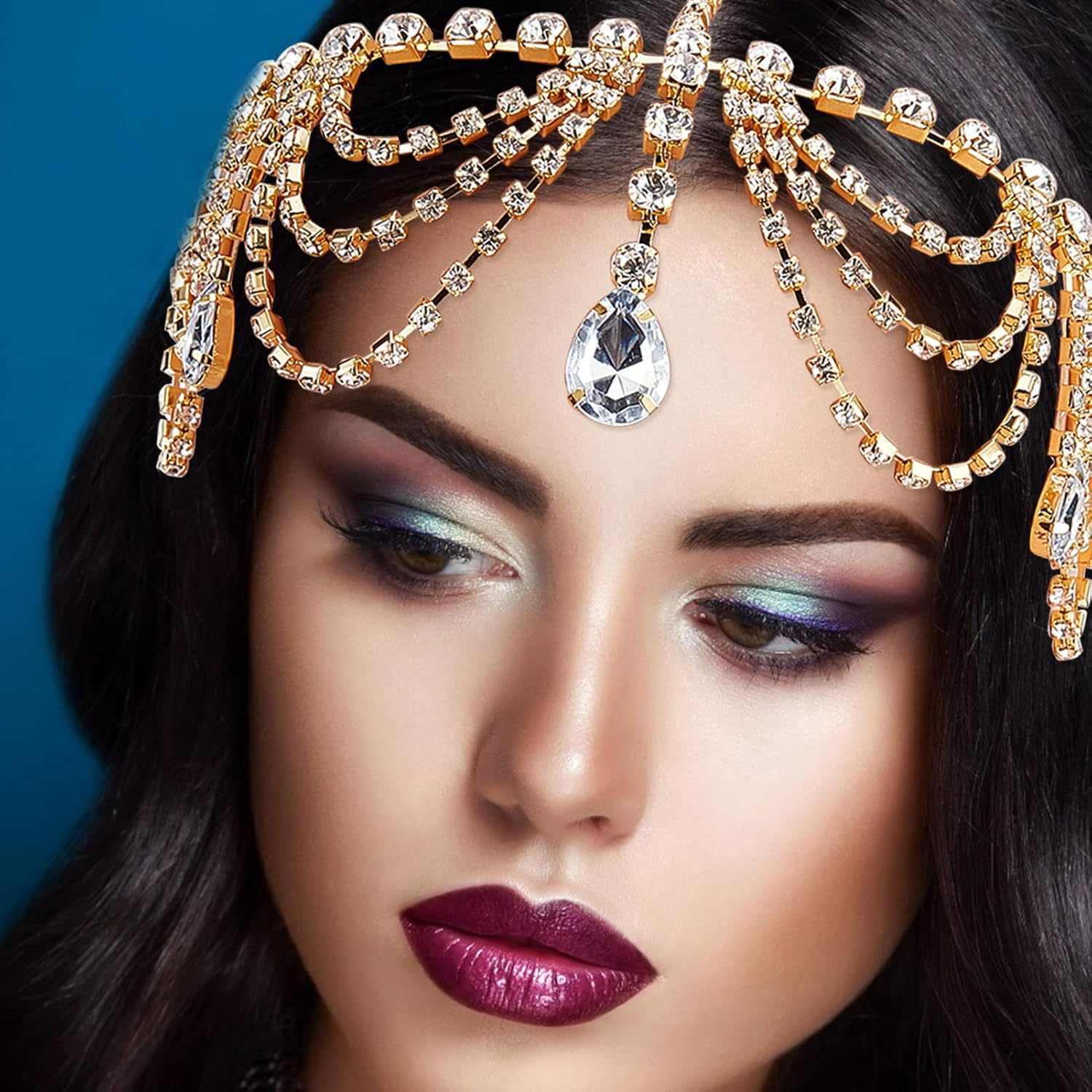 NICENEEDED Forehead Tassel Rhinestone Head Chain, Gold Crystal Layered Hair Chain Jewellery, Boho Sparkly Teardrop Rhinestone Headpiece Hair Accessories for Wedding, Prom, Party, Daily Life image number 1