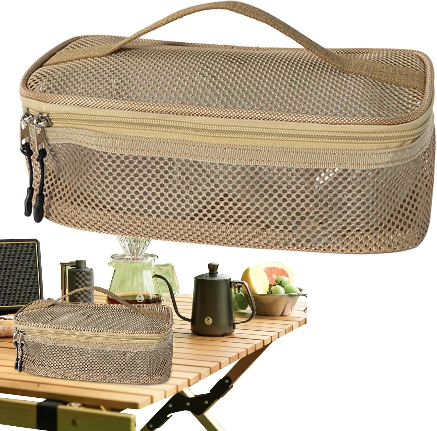 Camping Cookware Bag, Portable Kitchen Utensils Pouch, Breathable Mesh Utensils Makeup Storage Bag for Camping Barbecue Picnic Climbing Beach Adventure Vacation