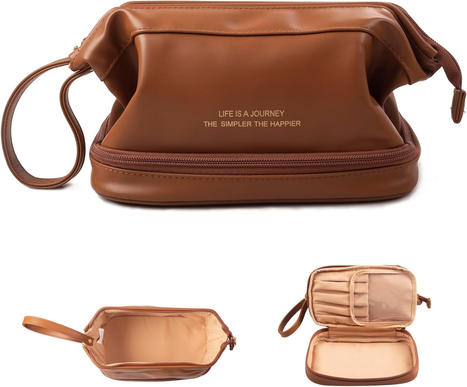 IKEEP Women'S Travel Makeup Bag - Premium PU Large Capacity Toiletry Organizer with Multiple Compartments, Portable Water-Resistant Cosmetic Bag (Brown) image number 3