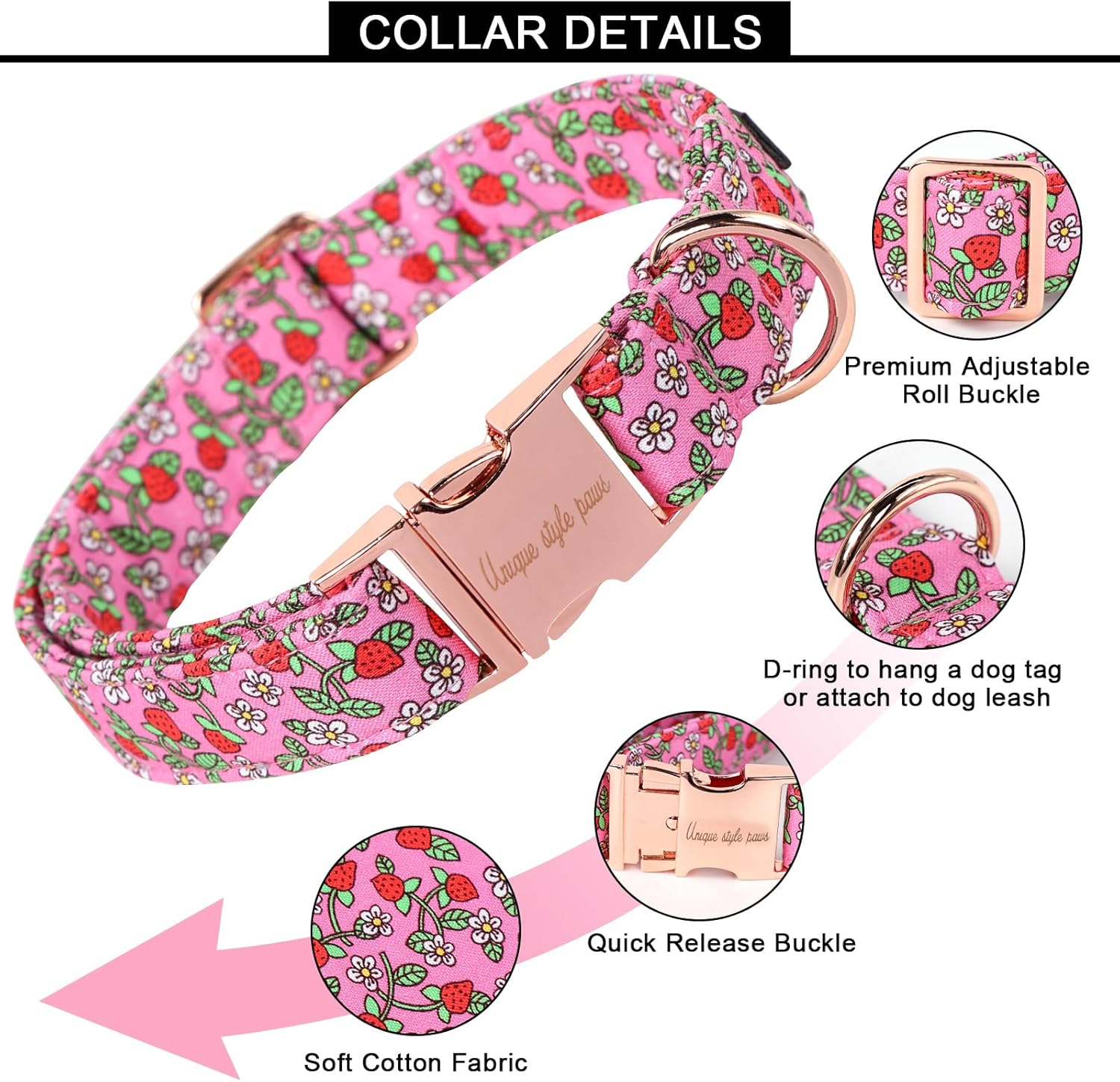 Unique Style Paws Summer Pink Strawberry Dog Collar Harnesses Collars & Leads for Collar Dog Wide Bow Tie Chain Dog Collar Pull Collar Gifts for Small Medium Large Dogs XS image number 3
