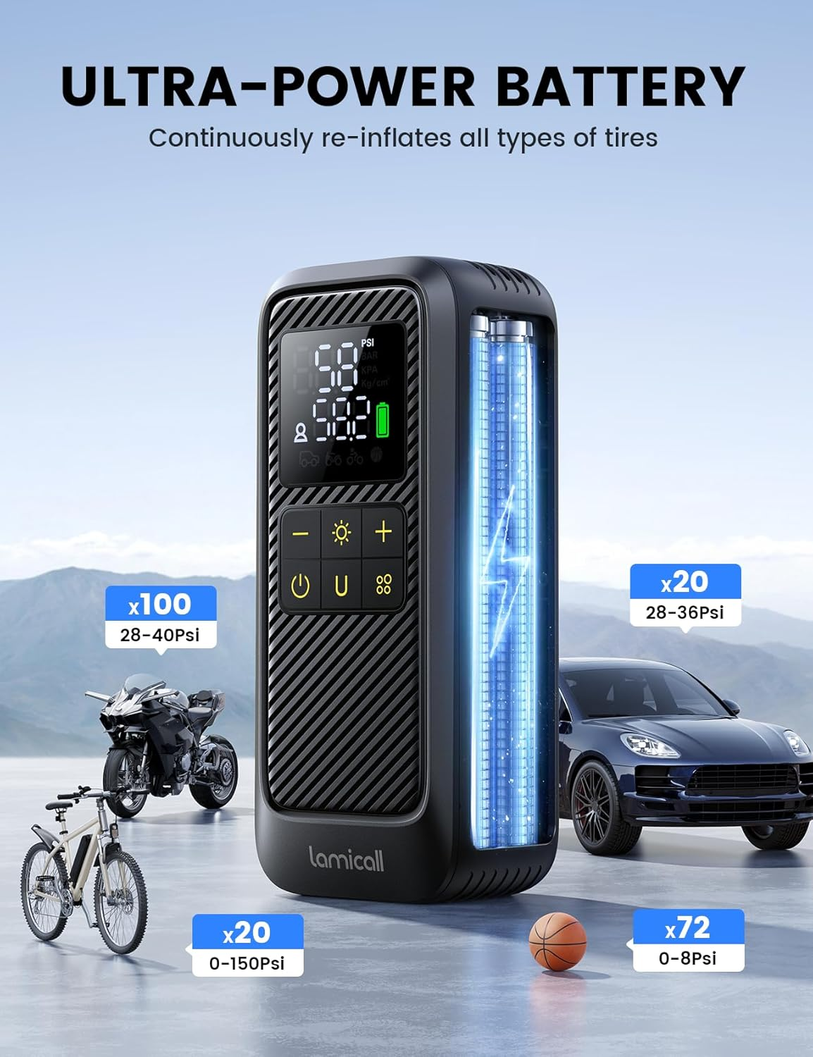 Lamicall Car Tyre Inflator Air Compressor - [5X Faster Inflation] Portable Air Pump with Digital Pressure Gauge & LED Light, 150PSI Electric Tyre Pump with Auto Shutoff for Car, Motorcycle, Bike, Ball image number 6