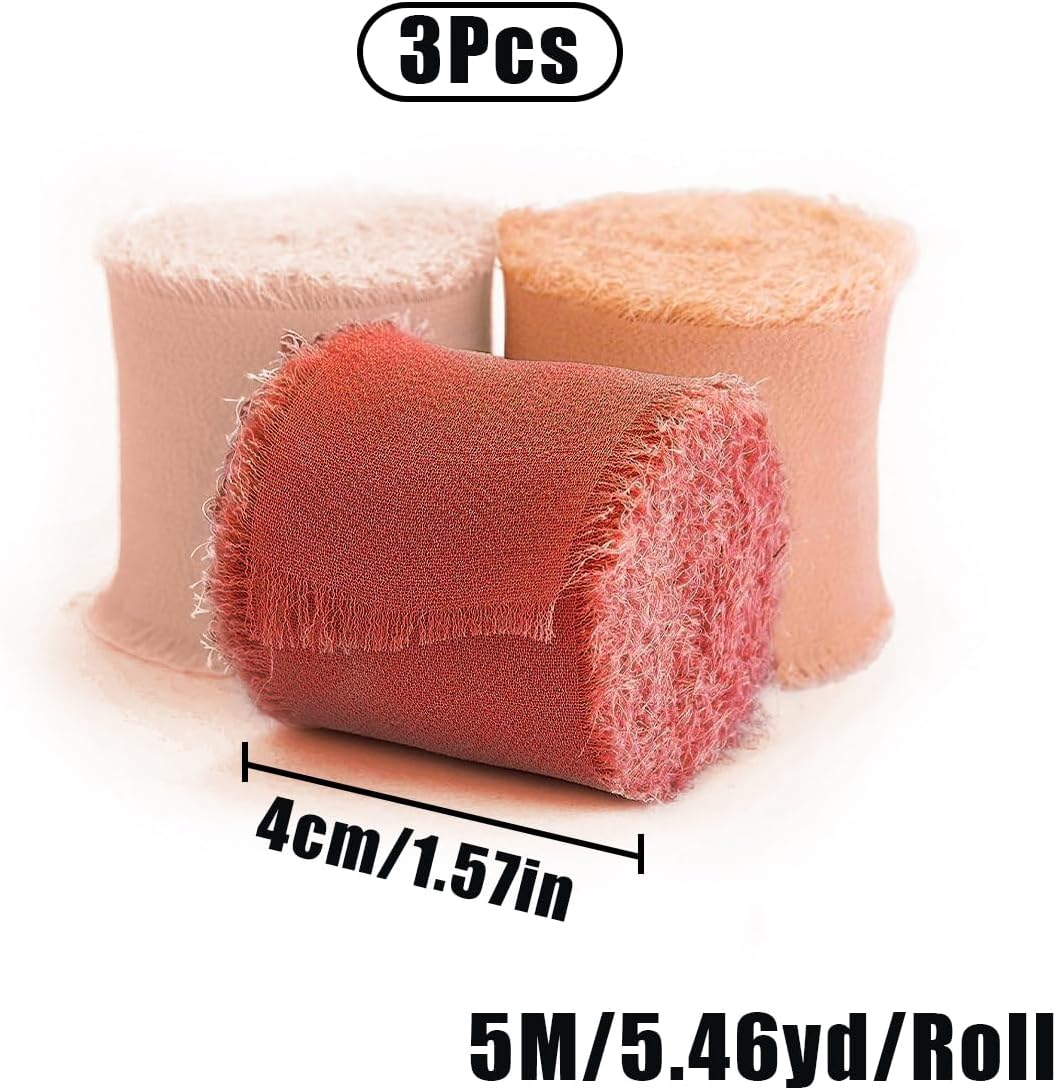 Chiffon Ribbons, 3 Rolls Handmade Fabric Chiffon for Wedding Invitation, Flower, Bouquet, Gift Wrapping, DIY Crafts (4Cm X 5M/1.57In X 16Ft) image number 4