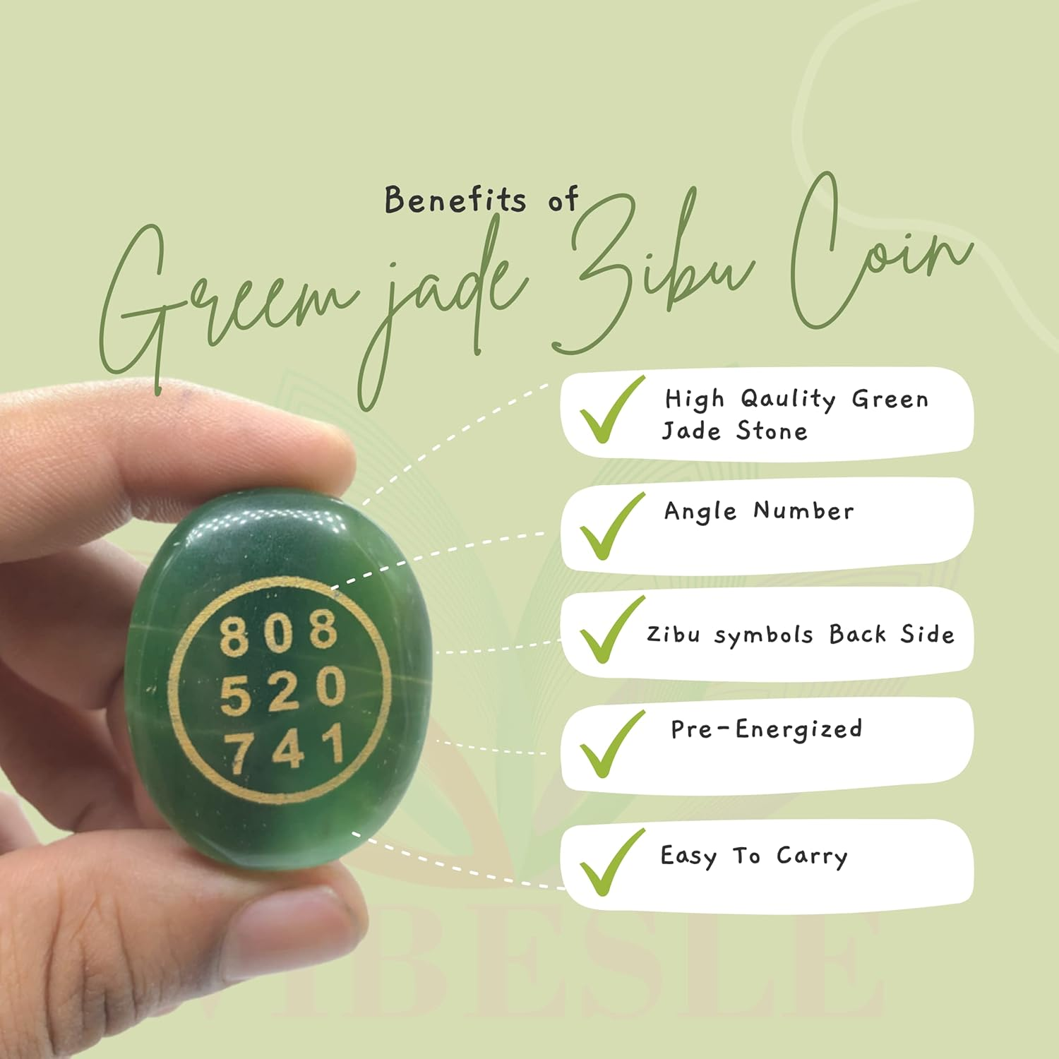 Combo of Green Jade and Rose Quartz Stone Zibu Coin - Pre-Energized Money Switch Word and Zibu Symbol Angelic Number Oval Stones Coin - Golden Engraving - Anxiety Stone - Worry Stone - Palm Size image number 5