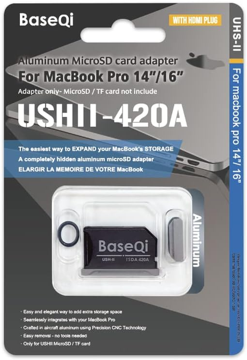 BASEQI UHS-II Aluminum Microsd Adapter for 2021 M1 Macbook Pro 14 & 16&rdquo; (Adapter with HDMI Dust Plug, Space Gray)