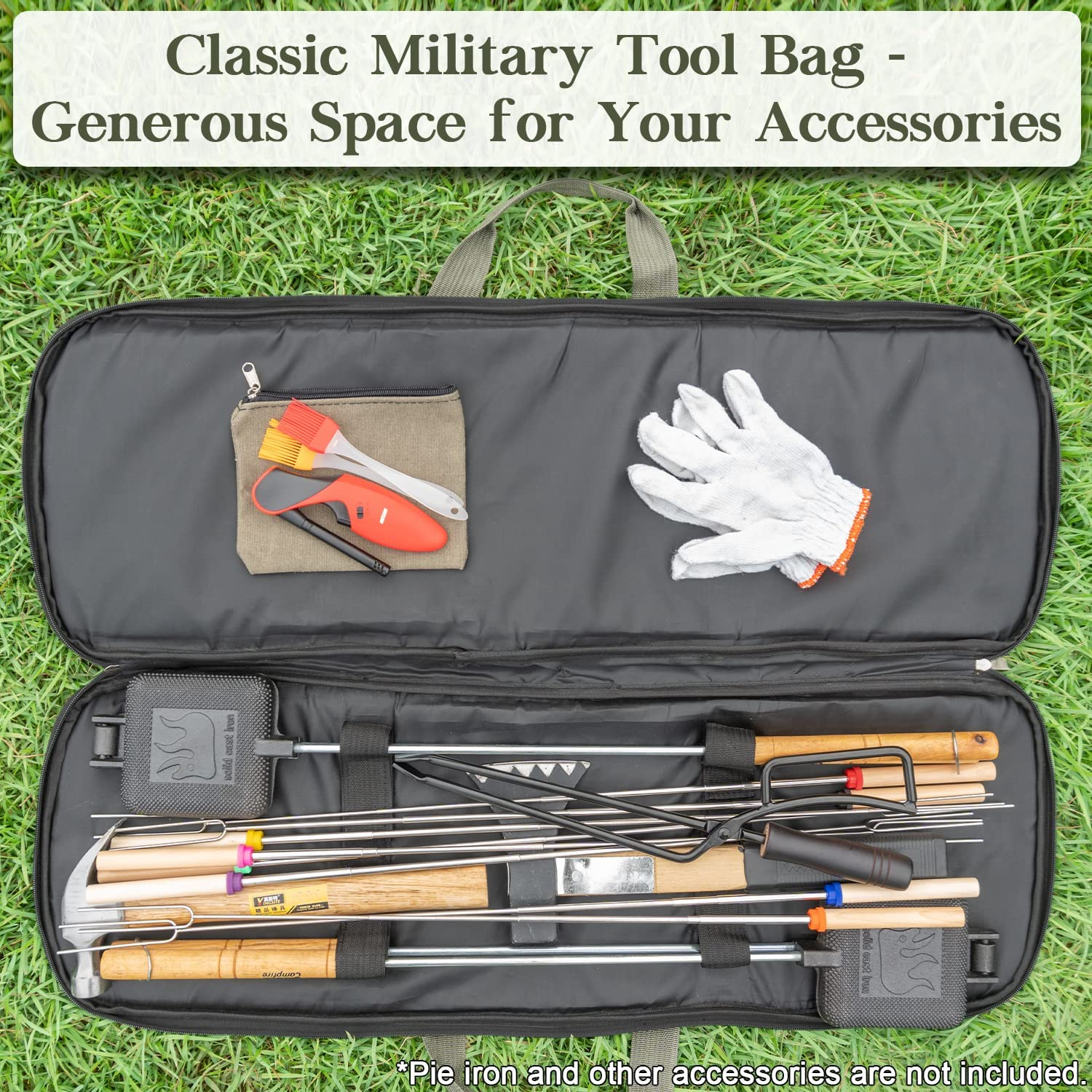 Deluxe Mountain Pie Maker Bag for Campfire Pie Iron - Fits up to 4 Cast Pie Irons, Heavy Duty Thick Padding with Extra Pocket for Fire Pit Accessories, Strong Straps to Keep Pie Maker Stable, 32&times;10 In image number 1