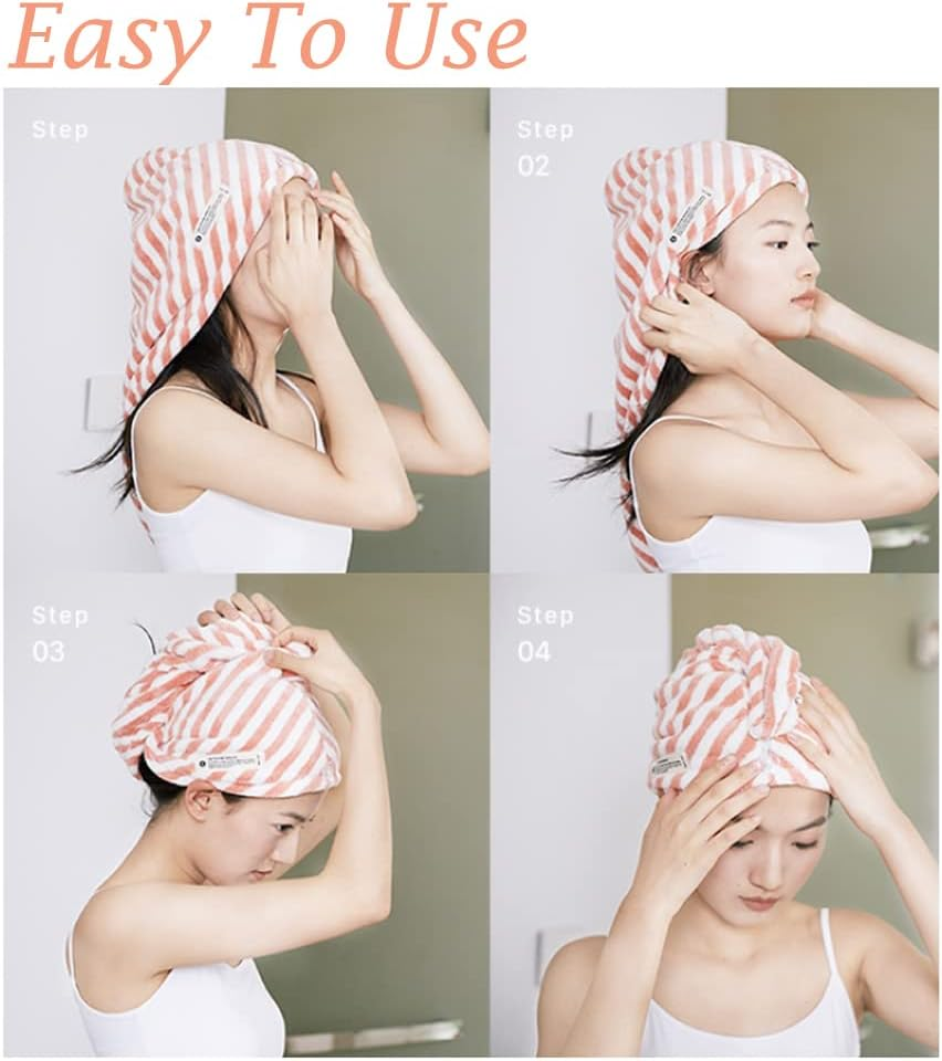 Anti-Frizz Kids Hair Towel Absorbent Quick Drying Girls Hair Turban Towel with Button Wet Hair Dryer Cap Ultra Soft Hair Drying Towel Wrap Twist Hat for Curly, Long Hair and All Hair Types,S,Pink image number 4