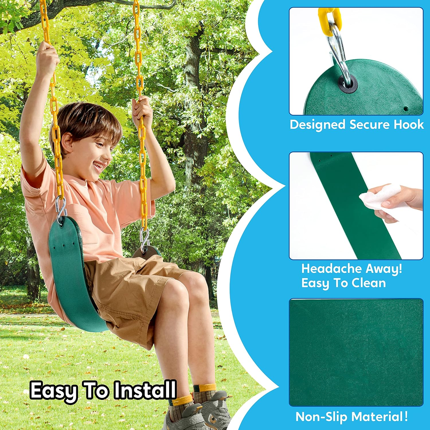 Heavy Duty Swing Seat Green Color with 66&rdquo; Chain, Swing Set Accessories Replacement with Snap Hooks for Kids Outdoor Play Playground, Trees, Swing Set, Playground image number 5