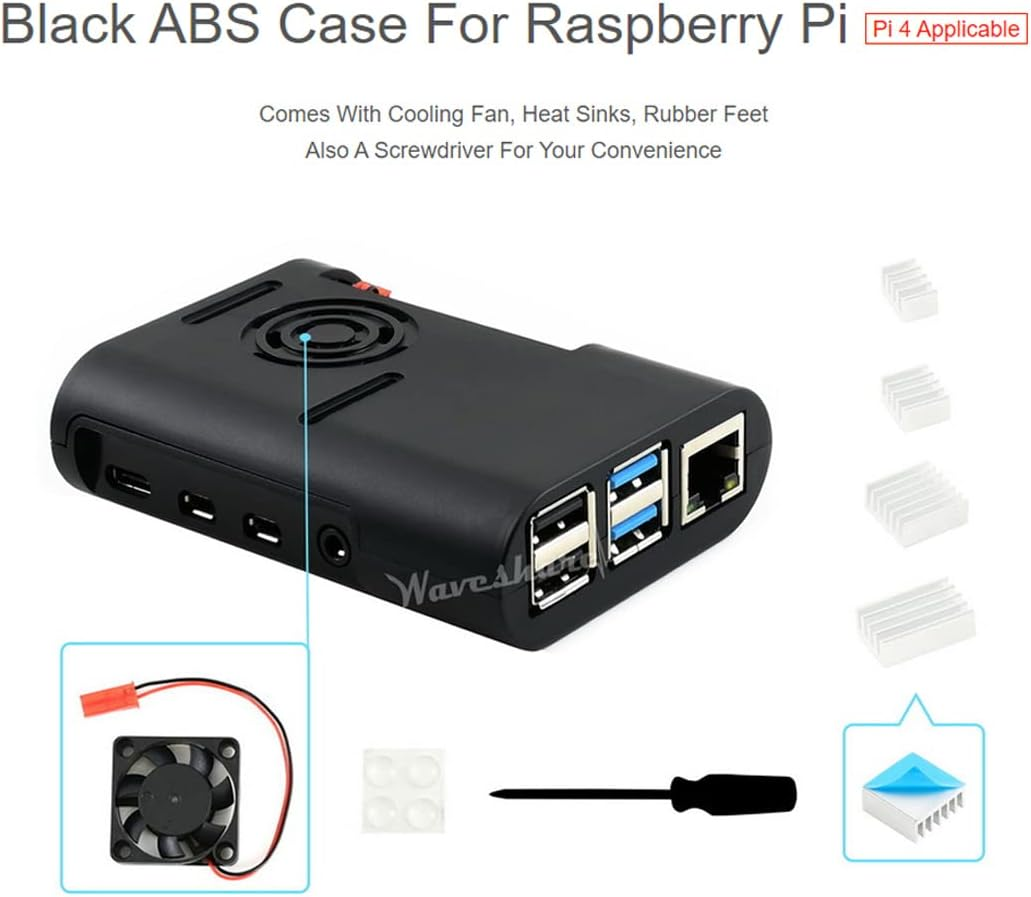 Waveshare Black ABS Case Type D for Raspberry Pi 4 with Cooling Fan/Heat Sinks/Rubber Feet and Screwdriver image number 1
