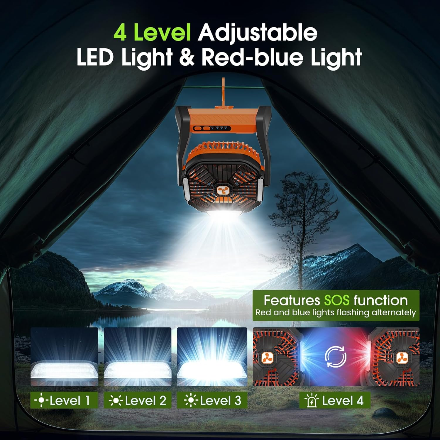 PDBEST Portable Rechargeable Fan, 20000Mah Cordless Rechargeable Battery Powered Camping Tent Fans with Sos & Led Lantern, 4 Speeds, Usb Desk Fan for Travel, Camping, Fishing, Indoor Orange