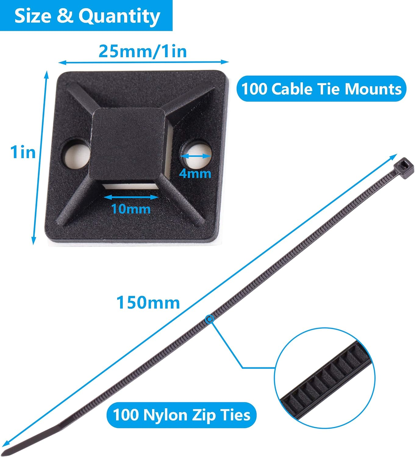 Cable Tie Mounts, Adhesive-Backed, 1 Inch, for Cable Management, Cable Tie Anchors, 100 Pack, Black - Black image number 4