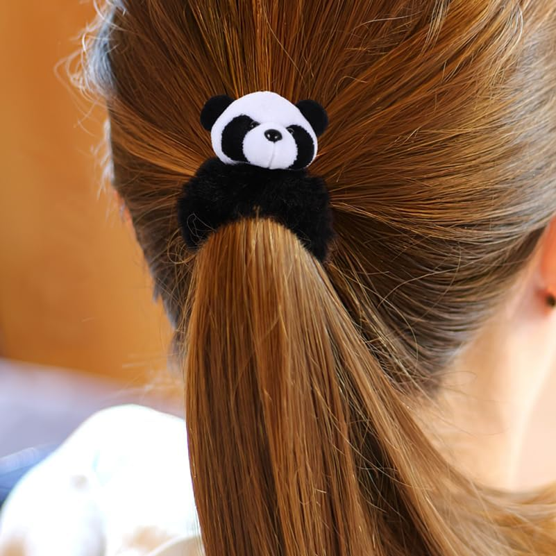 FOMIYES Fluffy Panda Hair Bobbles Pack of 2 Soft Plush Hair Accessories Elastic Hair Bands for Girls and Women Black White Design Non-Slip for Everyday and Party image number 5