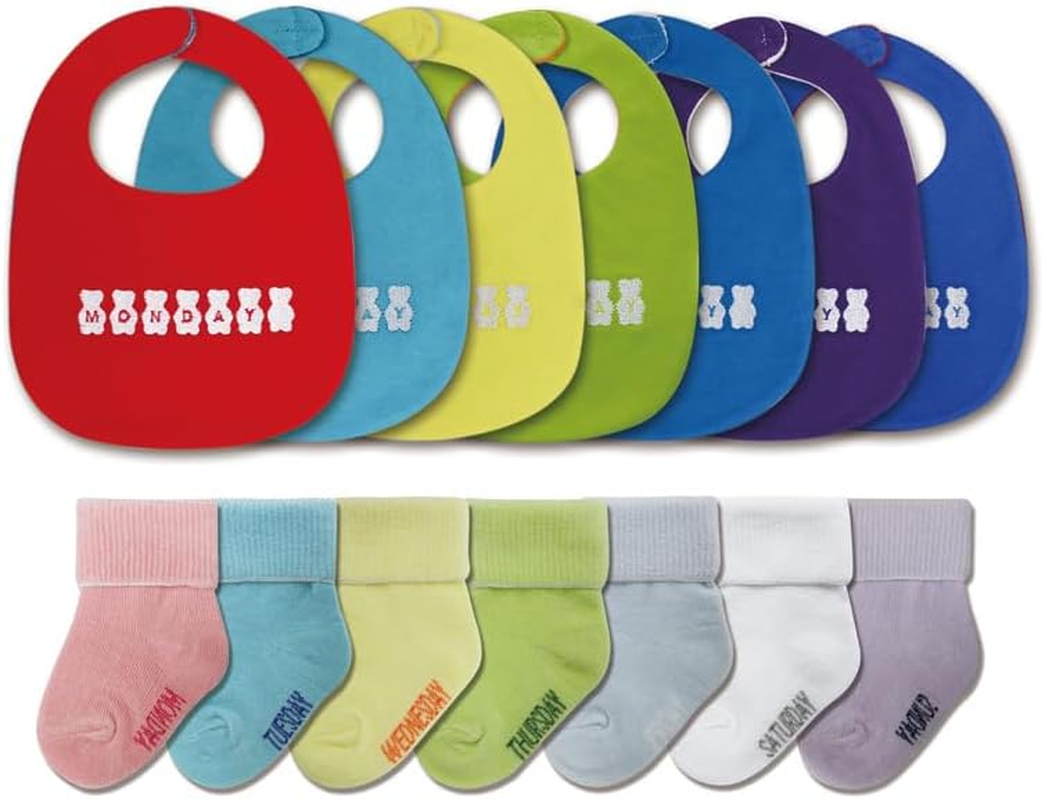 PUPPET 14-Pack Unisex Baby Cotton Bibs and Socks Set for Boys, Girls, Soft Drool Bibs for a Week image number 5