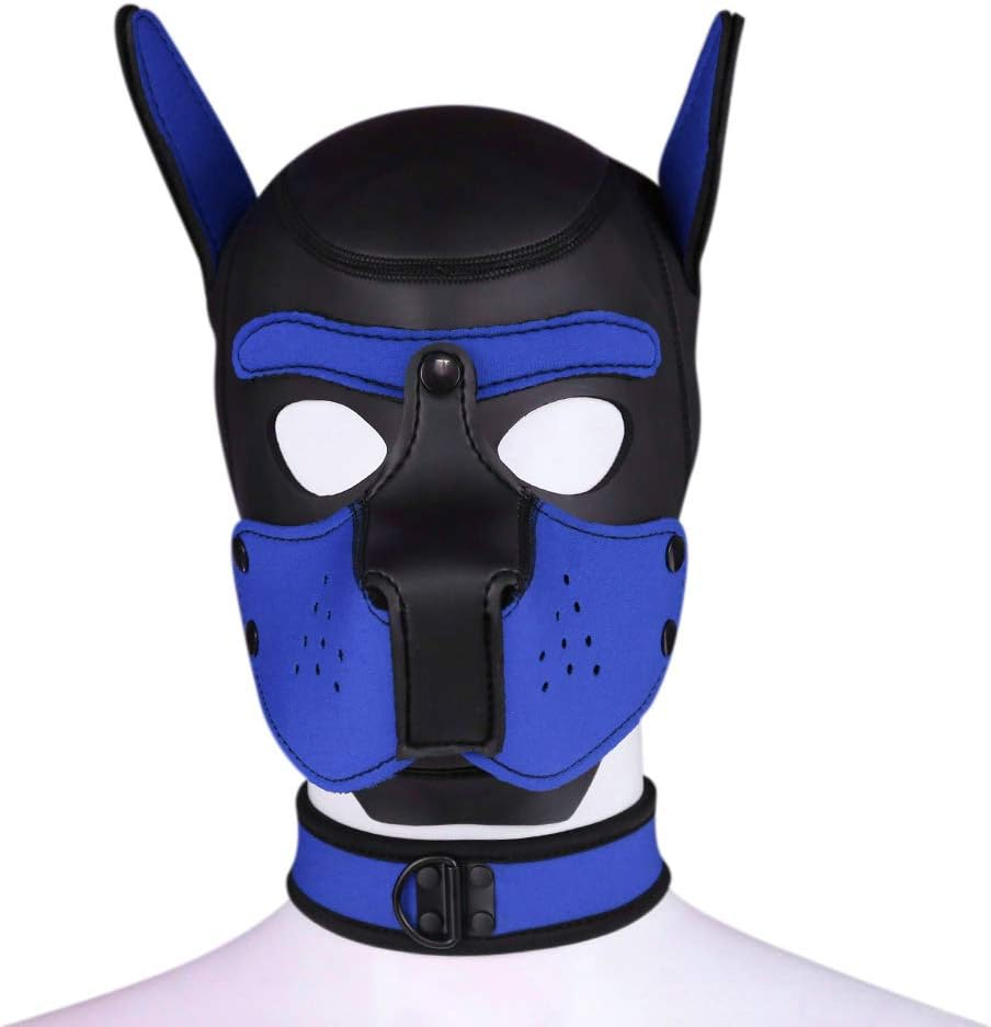 Adults Neoprene Puppy Hood Mask with Collar, Removable Cosplay Dog Full Face Pup Hood Mask image number 5