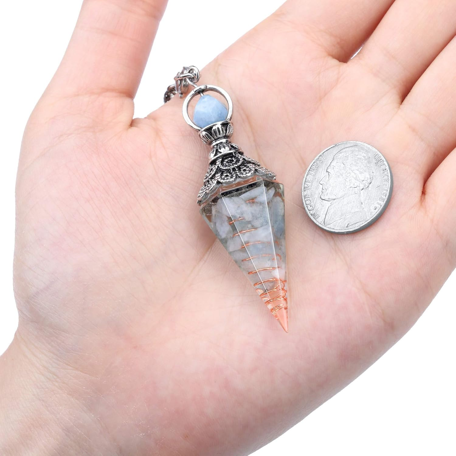 GEHECRST Natural Aquamarine Healing Crystal Dowsing Pendulum Reiki Gemstone Chips Orgone 6 Faceted Hexagonal Pointed Cone Resin Spiritual Pendant for Divination, Wicca, Energy Balancing (AKUS9022) image number 3