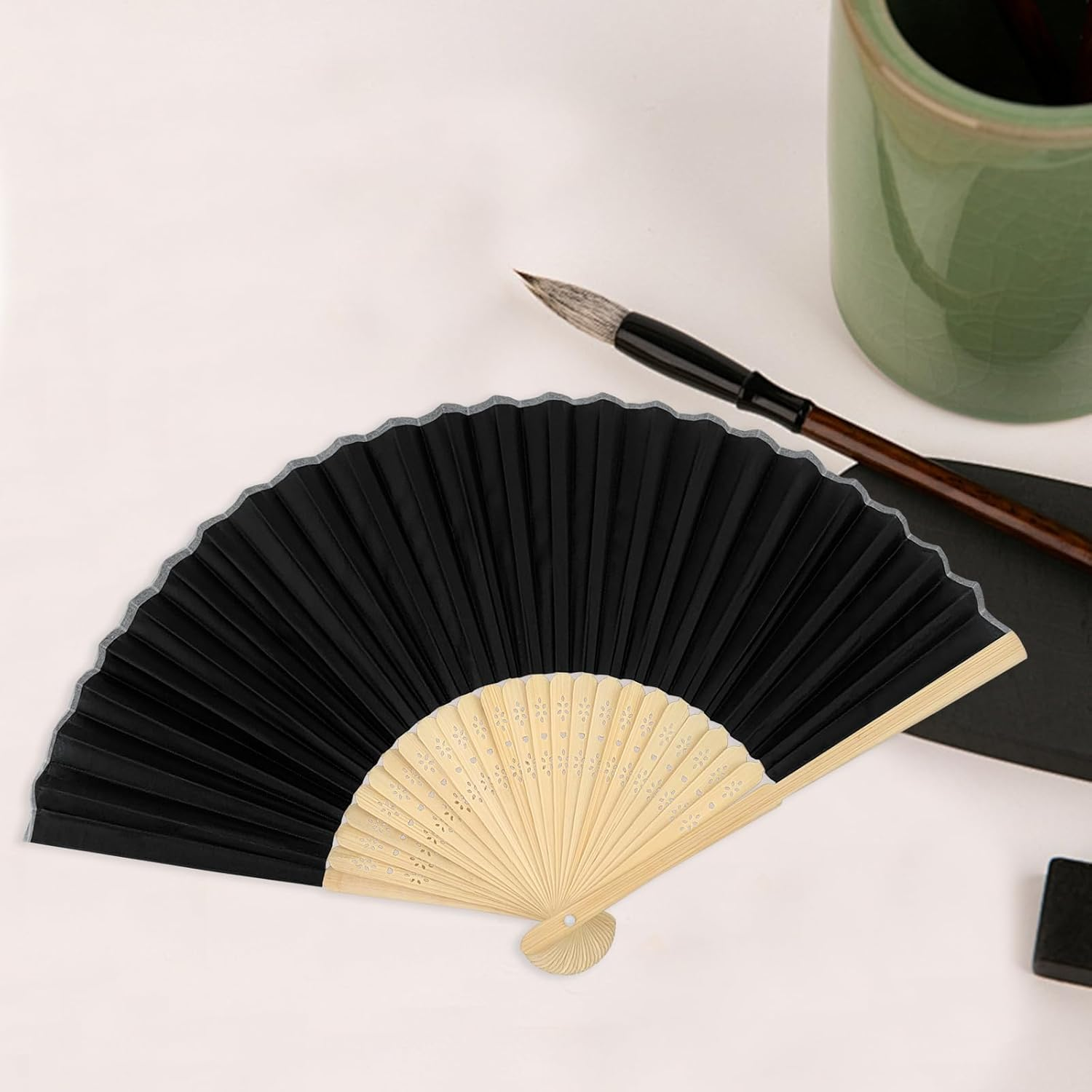 Chic Set of 2 Black Silk Hand Fans, Foldable Fans for Wedding Guests, Ideal as Fashion Accessories and Gifts image number 1
