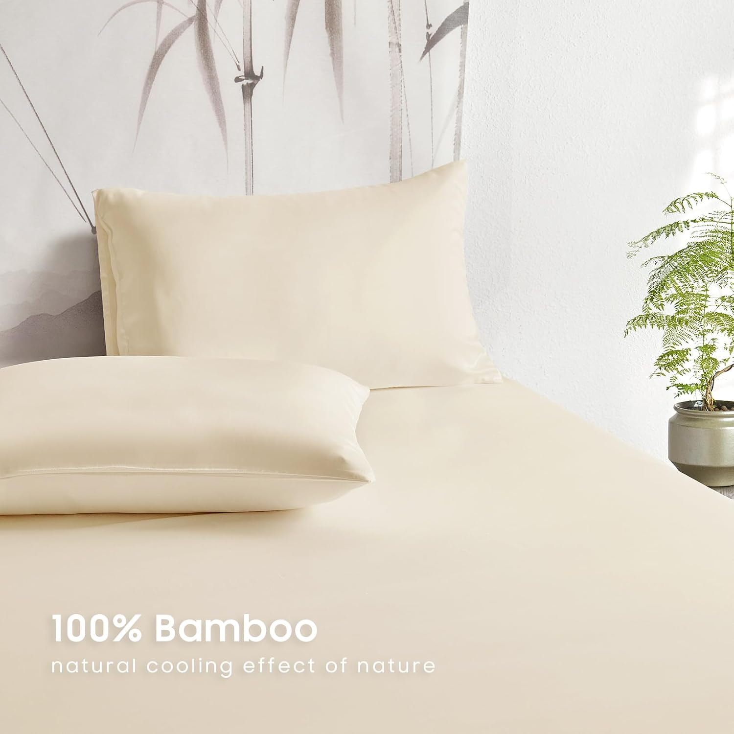 Wake in Cloud - 100% Bamboo Fitted Sheet Set, 3 Pieces, Cooling Breathable & Soft Bed Sheets, Hotel Luxury Silky Bedding, Extra Deep Fitted Sheet & 2 Pillowcases, Ivory, Queen Size image number 5