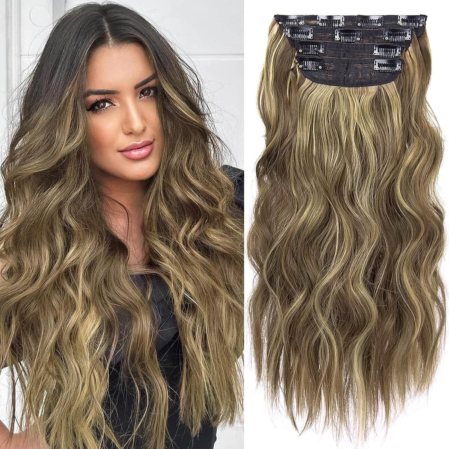 Creamily Brown Clip in Hair Extensions, 4Pcs Clip in Hair Extensions, 24 Inches Synthetic Curly in Hair Extension (Color: Honey Blonde Mixed Light Brown) image number 1