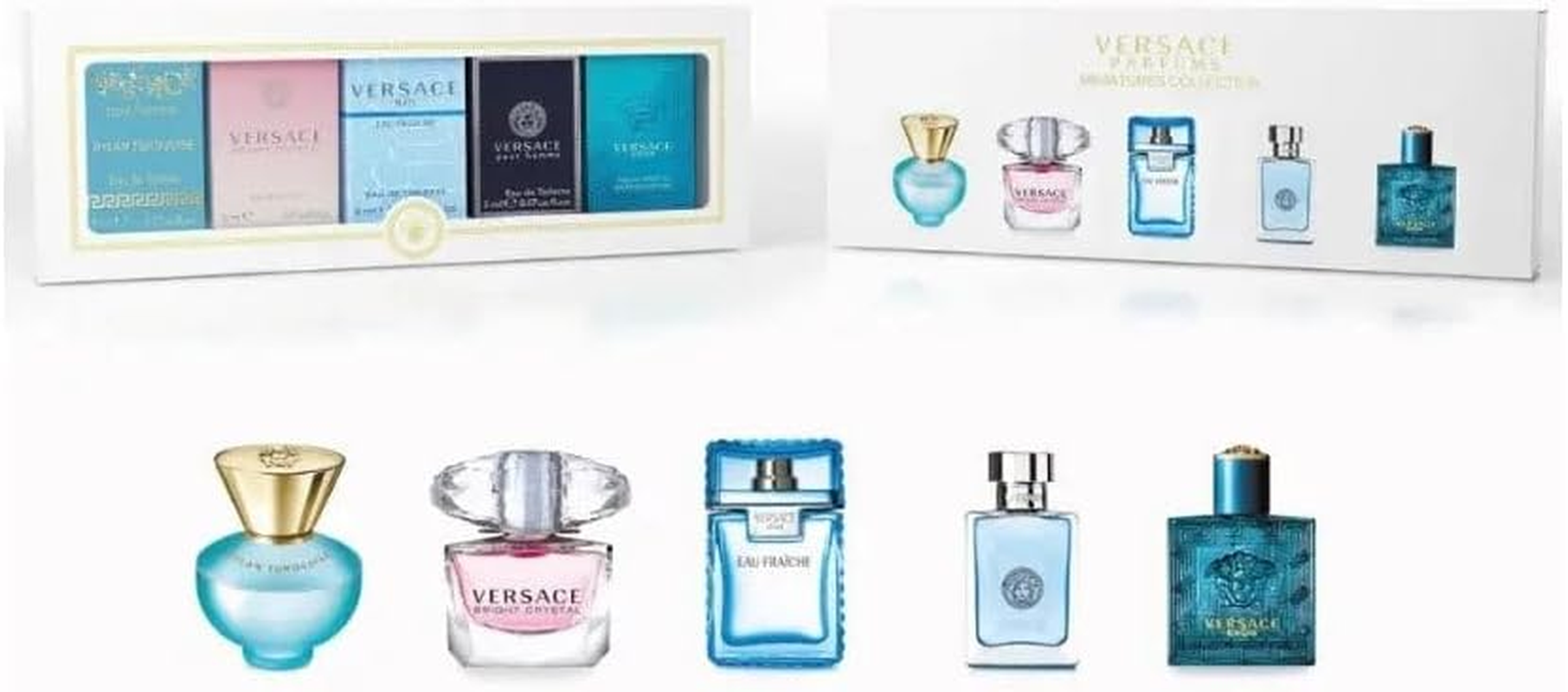 Versace Miniatures Collection 5 Pc Gift Set for Unisex &ndash; Dylan Purple EDP, Bright Crystal, Eau Fraiche, Pour Homme, Eros (0.17 Oz Each)