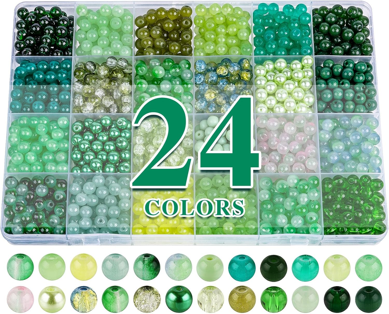 XSEINO 1200PCS 6Mm Glass Beads Bracelet Making Kit,24 Assorted Green Series Colors Crystal Beads for Jewelry Making and DIY Crafts