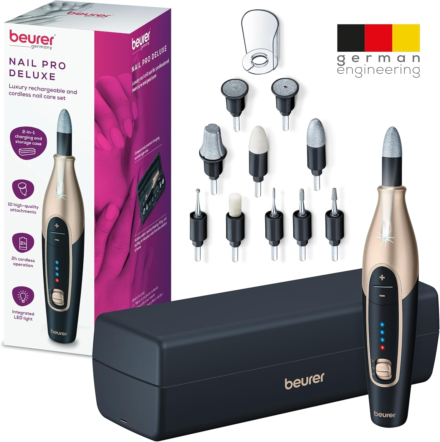 Beurer MP 84 Special Edition Manicure Pedicure Set Electric Nail File with Battery 10 Tips LED Light with Storage Case up to 4400 RPM Nail Cutter for Hand and Foot Care Black image number 6