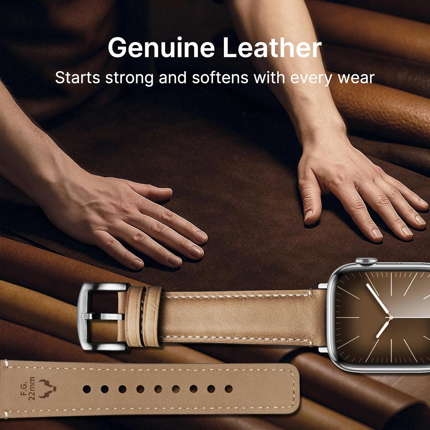 Fullmosa Real Leather Band Compatible with Apple Watch Band 49Mm 46Mm 45Mm 44Mm 42Mm,Yola Leather Apple Watch Strap for Iwatch Ultra SE Series 11/10/9/8/7/6/5/4/3/2/1 Men Women, Light Brown+Silver image number 4