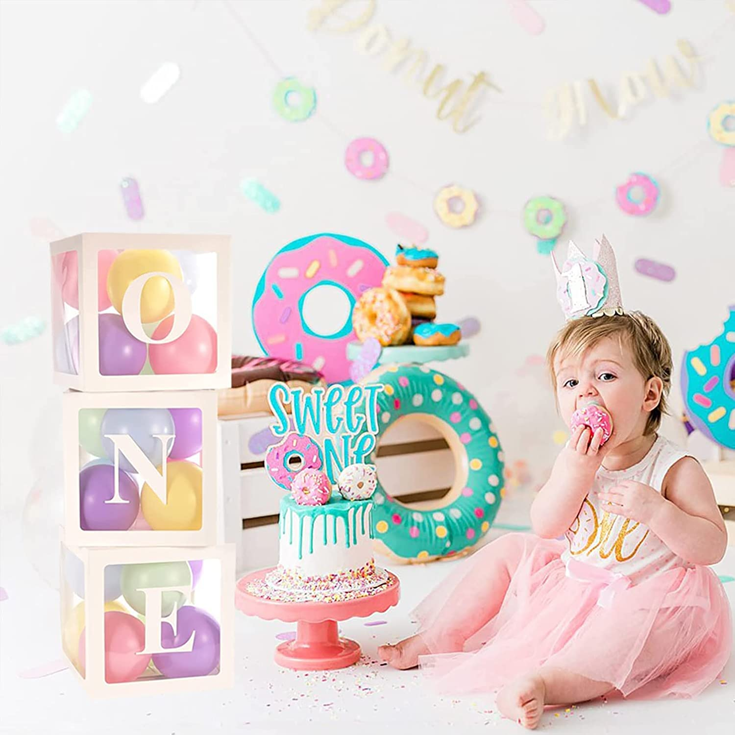 DAWNTREES First Birthday Decorations for Boy or Girl, 3 Pcs ONE Balloon Boxes for 1St Birthday, Baby Clear Blocks Party Decor&hellip; image number 1