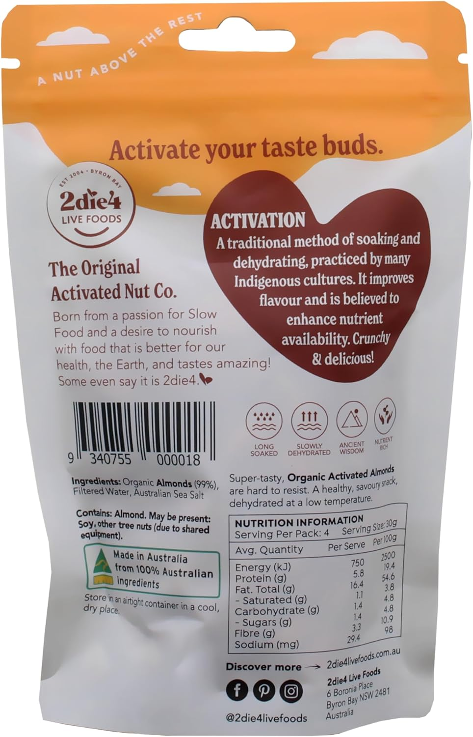 2Die4 Live Foods Activated Organic Almonds 120G image number 2