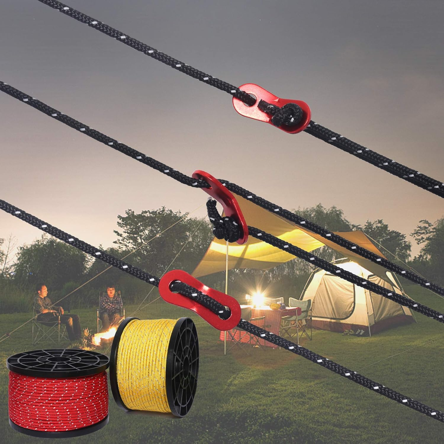 HIKEMAN 50M Reflective Guyline Solid Braid Nylon Camping Rope with Aluminum Adjuster Cord Tensioner Tent Accessory for Outdoor Travel,Hiking,Backpacking and Water Activities (Yellow, 3Mm) image number 4