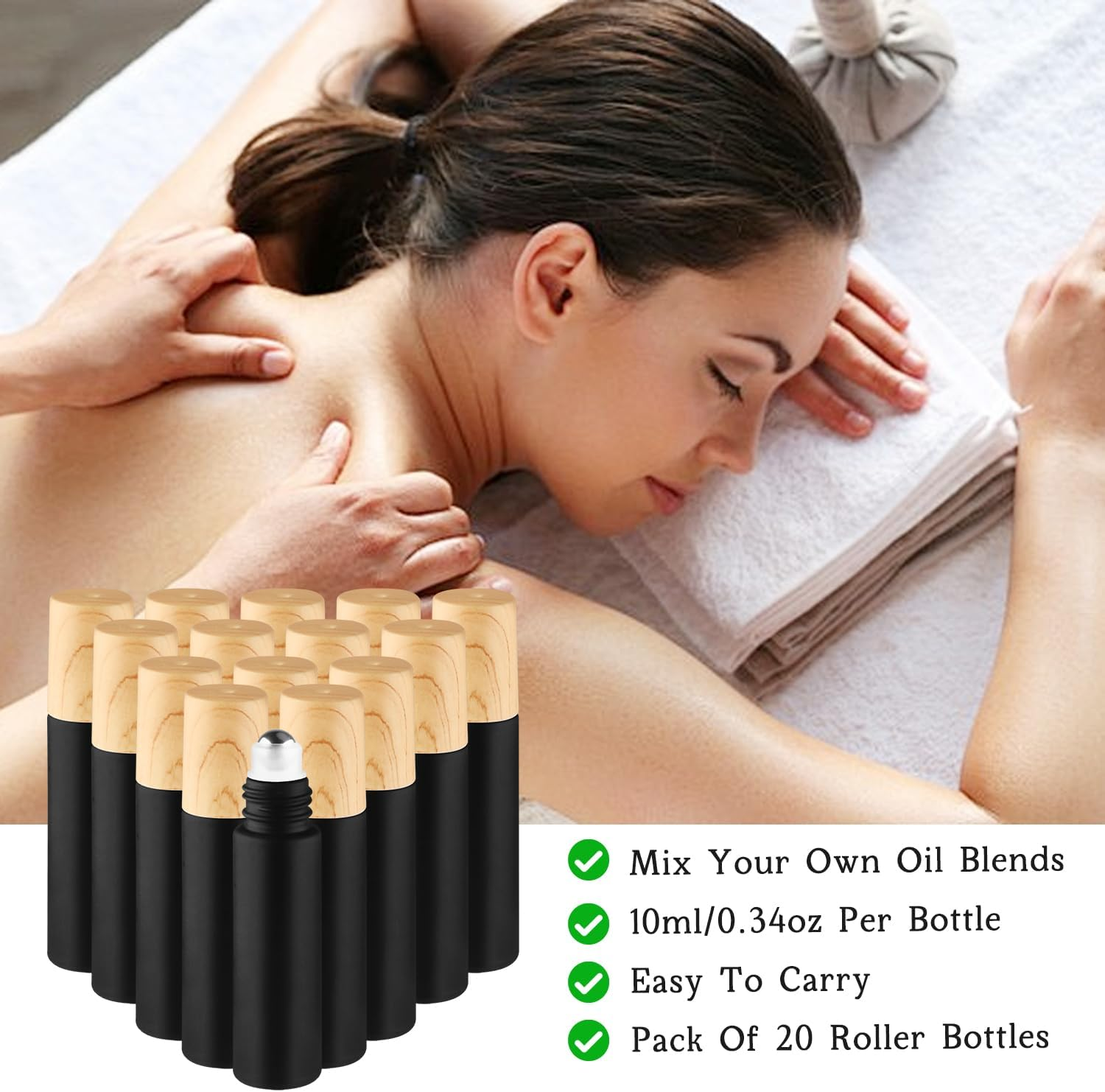 Cositina 20 Pcs 10Ml/0.34Oz Frosted Glass Roller Bottles Refillable Perfume Bottles with Stainless Steel Roller Balls & Wood Grain Lids for Travel Essential Oils - Black - Black image number 2