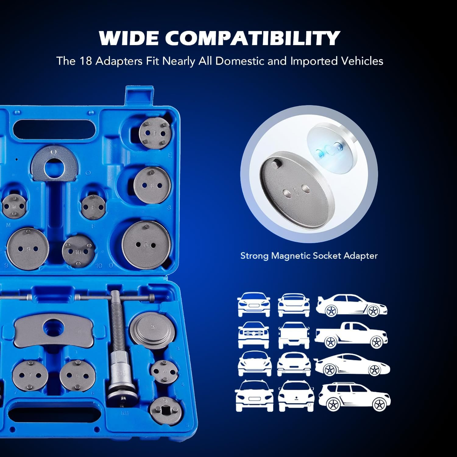 24Pcs Heavy Duty Disc Brake Piston Caliper Compressor Rewind Tool Set and Wind Back Tool Kit for Brake Pad Replacement Reset, Fits Most American, European, Japanese Autos Blue - Blue image number 5