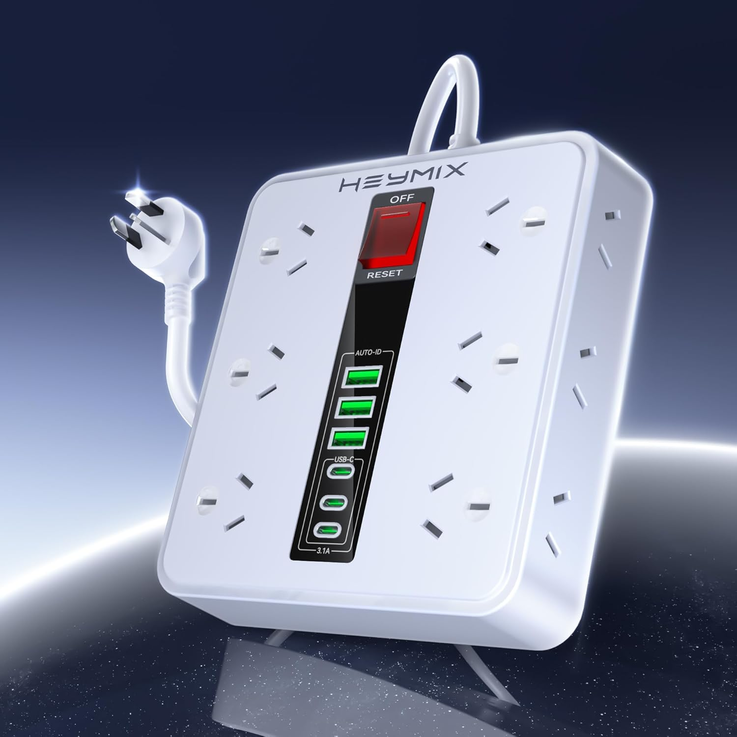 HEYMIX Powerboard USB Surge Protector - 18IN1 Power Board with 3 USB C & 3 USB A, 12 Outlet Power Strip with 1.9M Extension Cord,Wall Mountable 2500W Surge Protection and Overload Switch White image number 5