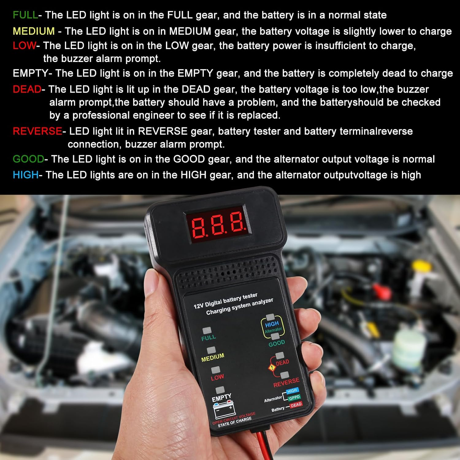 QCCAN Car Battery Tester, 12V Digital Automotive Batteries Tester, Alternator Charging Analyzer, Voltmeter with LCD Display and LED Indication for Car Truck Motorcycle Electrical Tools image number 5