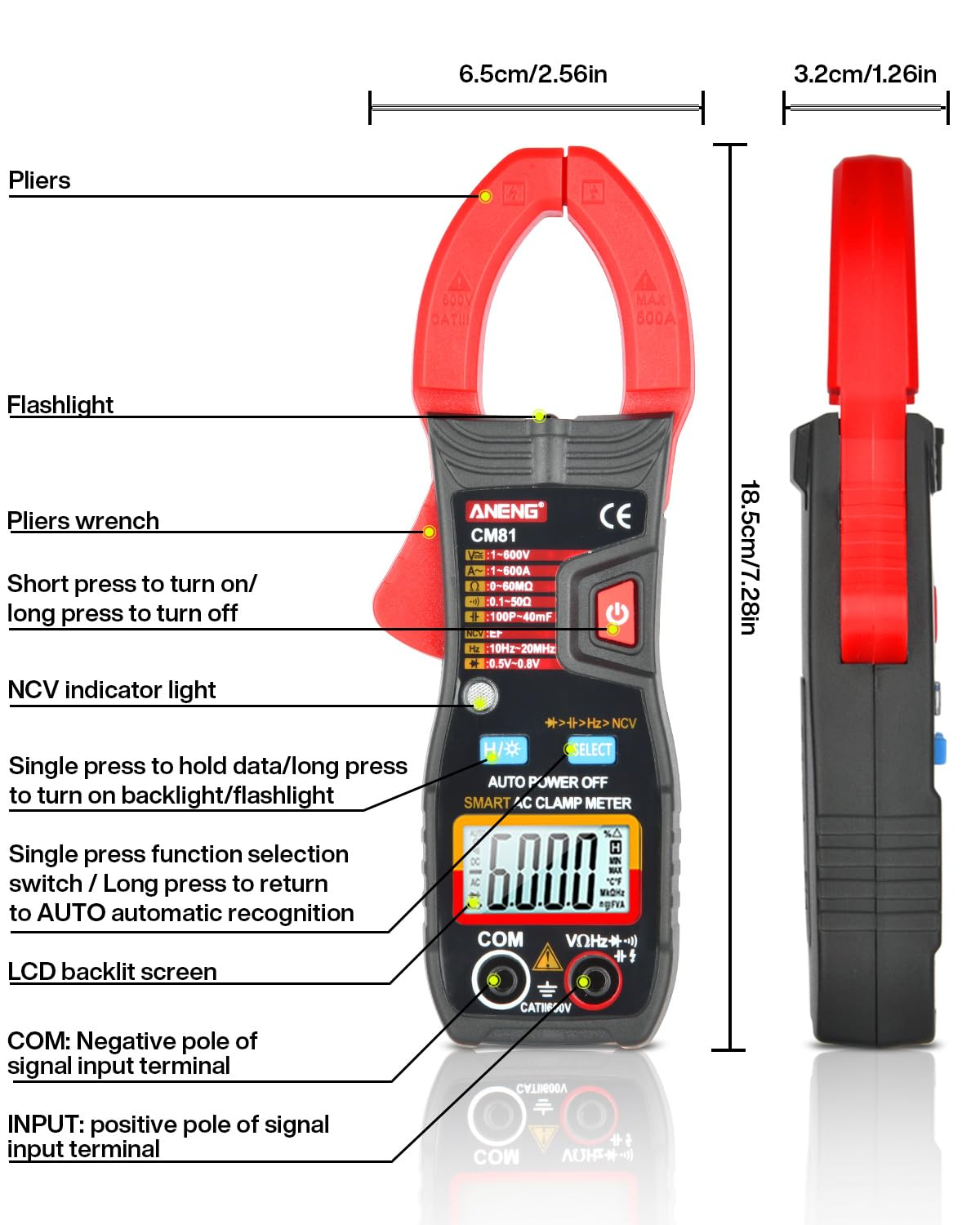 Digital Clamp Meter, Multimeter Voltage Tester Auto-Ranging 6000 Counts, Current Voltage Resistance Frequency Capacitance Temperature Diodes Continuity Duty-Cycle Tester Multimeter image number 3